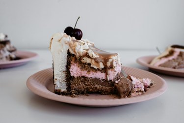 A slice of Neapolitan ice cream cake