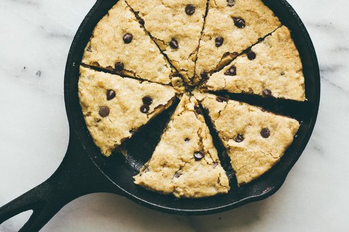 oatmeal chocolate chip cookie in a skillet